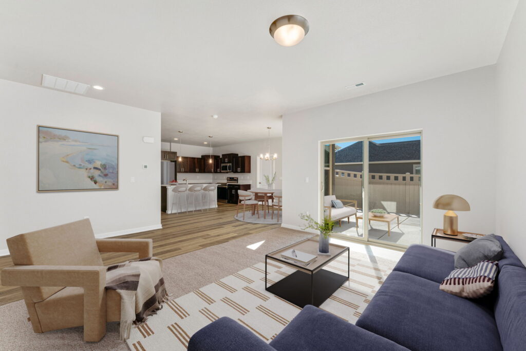 Open-plan living room in a 55+ ranch home in Colorado